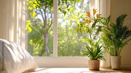 A tranquil escape embracing minimalism in a soft linen bedroom with nature views