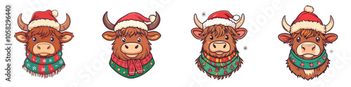 Four festive cartoon cows wearing Santa hats and scarves, showcasing a cheerful holiday spirit.