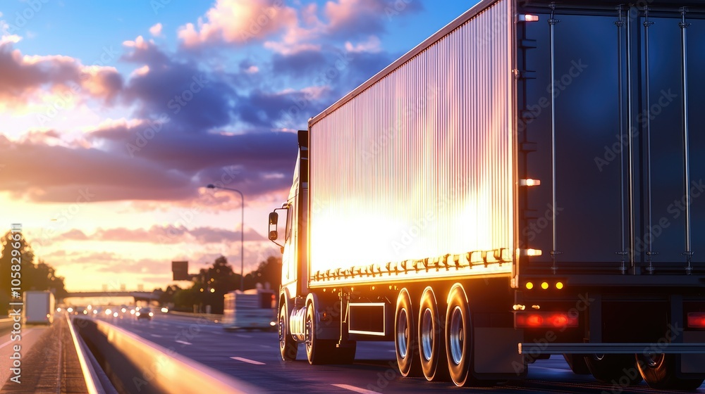 Cargo truck driving through a busy highway under a vibrant blue sky at sunset Cargo truck driving through a busy highway under a vibrant blue sky at sunset