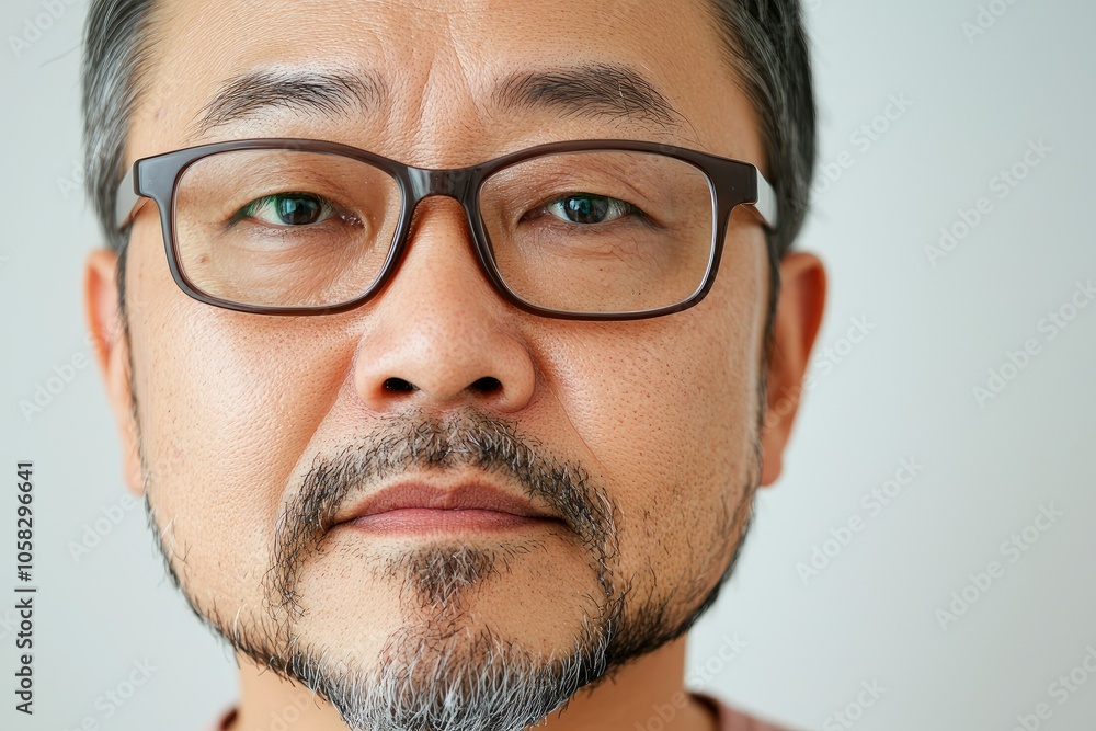Intimate portrait of a middle-aged asian man with a calm expression on a plain background Intimate portrait of a middle-aged asian man with a calm expression on a plain background