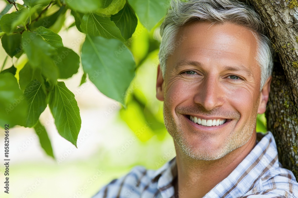 Smiling gray-haired man in nature surrounded by lush greenery Smiling gray-haired man in nature surrounded by lush greenery