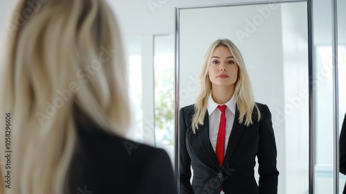 A confident woman practicing her elevator pitch in front of a mirror reflection photo