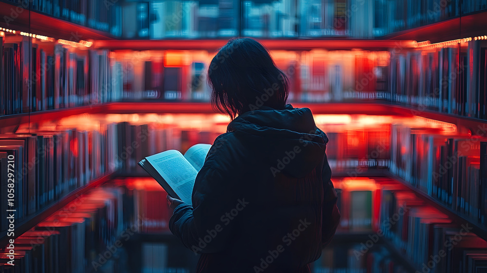 Rows of Bookshelves with Soft Lighting and a Person Quietly Reading, Creating a Cozy and Inviting Atmosphere for Book Lovers
Rows of Bookshelves with Soft Lighting and a Person Quietly Reading, Creating a Cozy and Inviting Atmosphere for Book Lovers