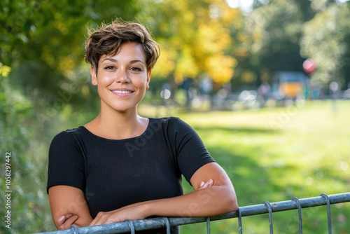 Portrait of a confident mixed-race woman enjoying a sunny day in nature photo