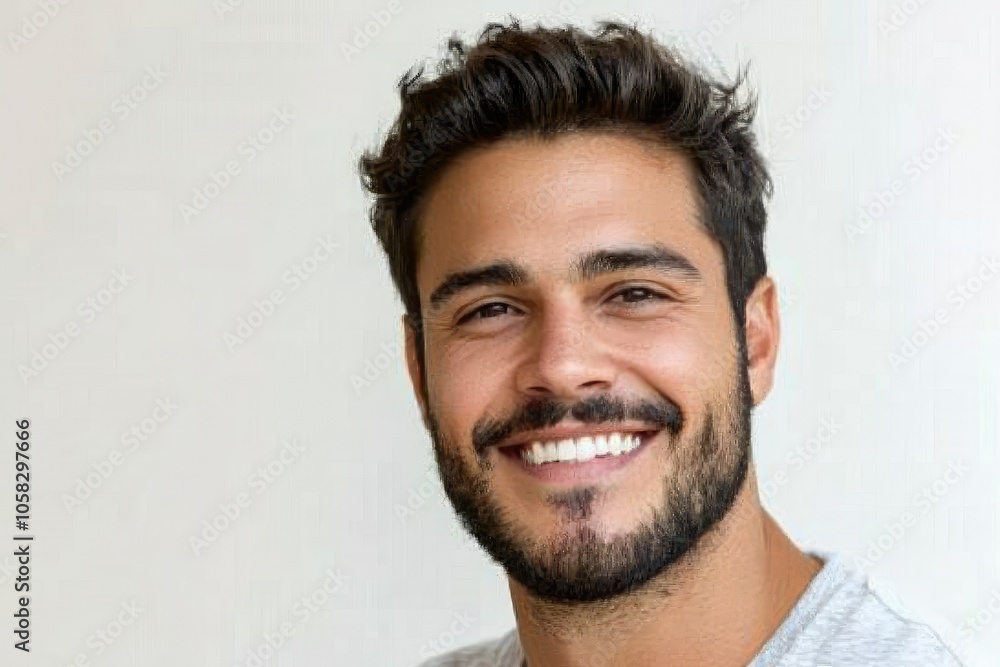 Fototapeta premium Joyful smiling mixed-race male exuding confidence against a clean background