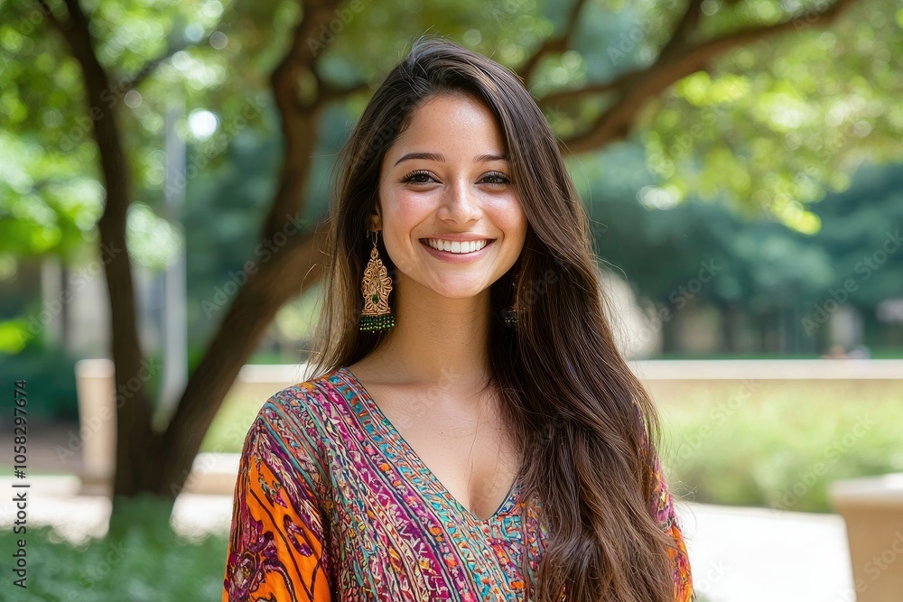 Radiant smiling south asian woman embracing culture in lush natural setting Radiant smiling south asian woman embracing culture in lush natural setting