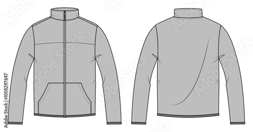 Men's fleece top, jacket , Fashion Flat Sketch Vector Illustration, CAD, Technical Drawing, Flat Drawing, Template, Mockup.