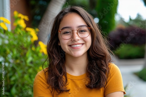 Smiling latina teenager in natural setting surrounded by bright flowers