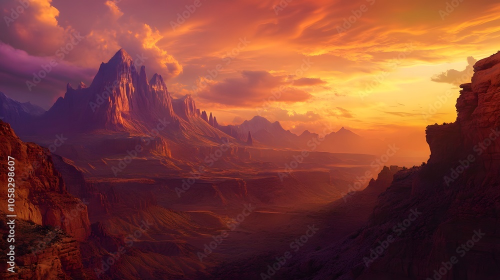 Fototapeta premium Beautiful mountainous landscape with the sunset in the background.