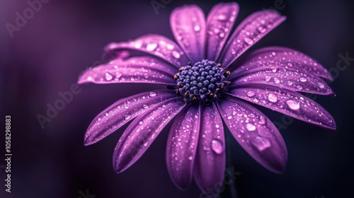 A stunning close-up of a purple flower with water droplets,