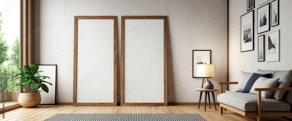 Minimalist living room with blank canvases and cozy decor Minimalist living room with blank canvases and cozy decor