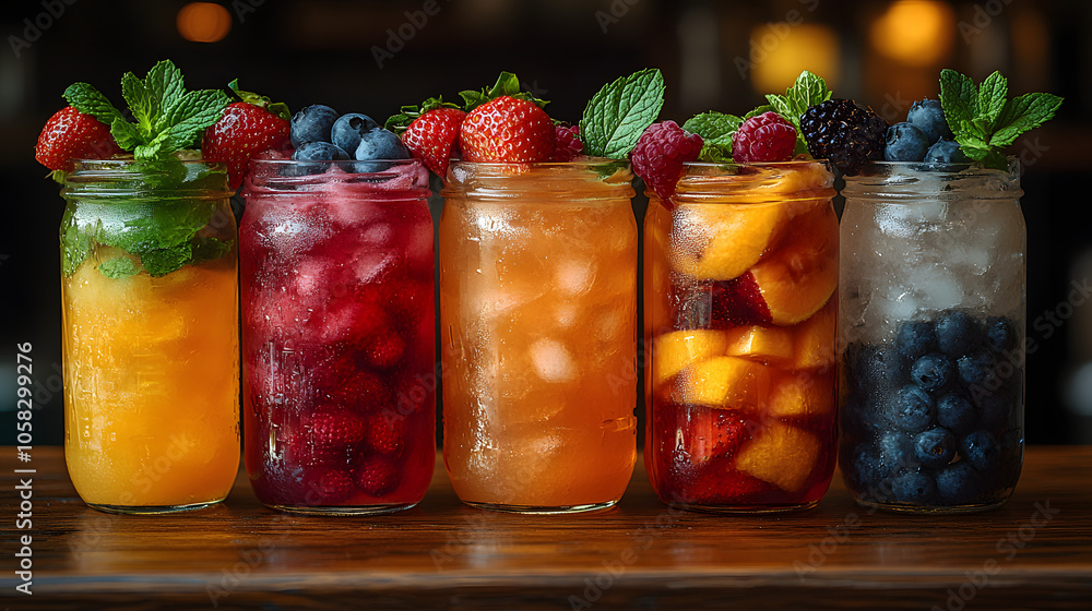 Vibrant Cold Drinks in Glass Jars Garnished with Fresh Fruits and Ice for a Refreshing Summer Beverage Experience
Vibrant Cold Drinks in Glass Jars Garnished with Fresh Fruits and Ice for a Refreshing Summer Beverage Experience
