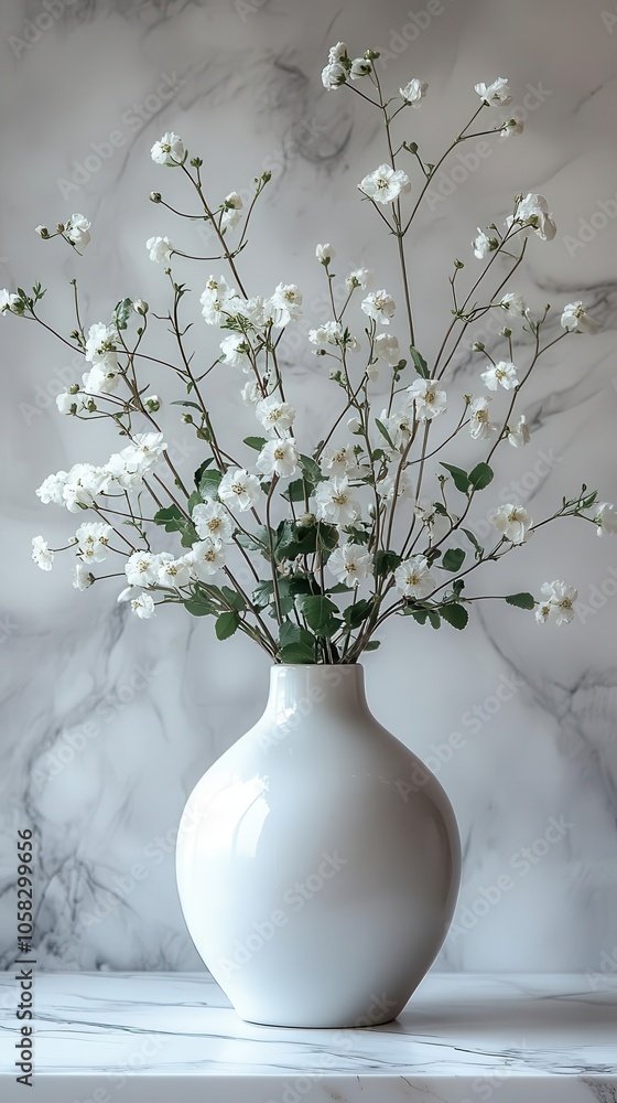 elegant vase filled with lush plants isolated on a white marble table set against a matching marble background emphasizing minimalism in interior design with ample copy space elegant vase filled with lush plants isolated on a white marble table set against a matching marble background emphasizing minimalism in interior design with ample copy space
