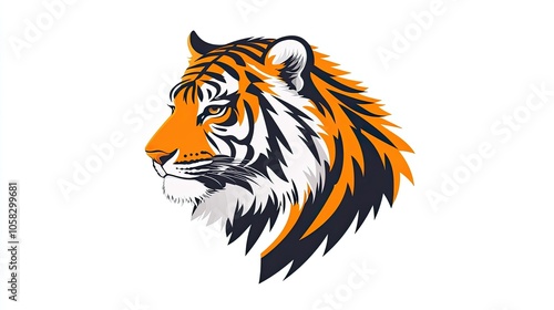 Modern vector of a friendly tiger head, with vibrant orange fur and bold black stripes, designed with clean, minimalistic lines on a white background. photo