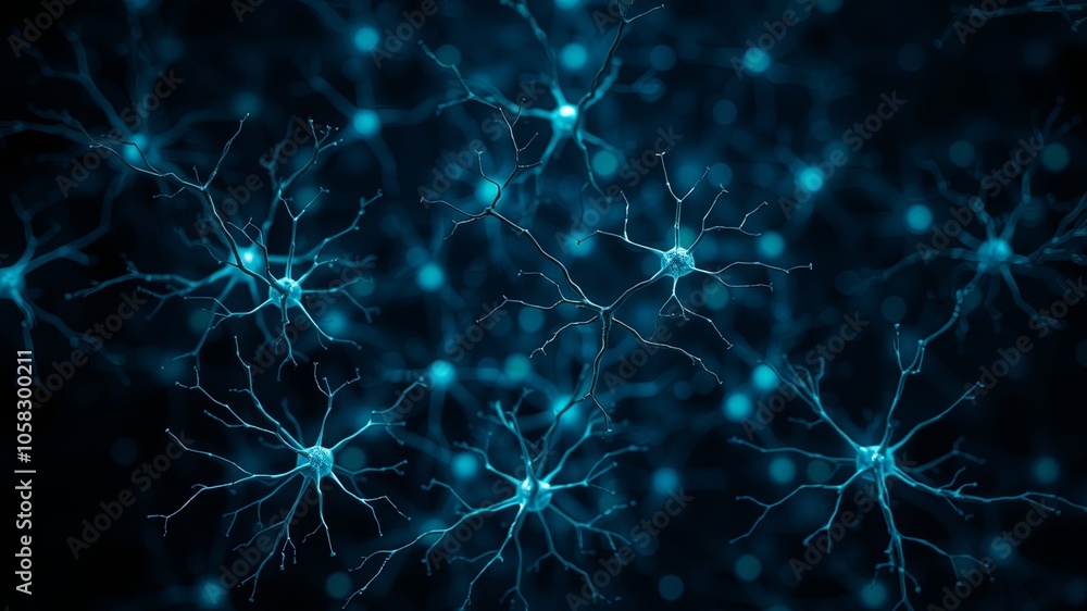 Blue Neural Network Cells on Dark Background Blue Neural Network Cells on Dark Background