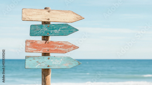 Weathered wooden directional signpost with colorful arrows pointing towards seaside, evoking sense of adventure and exploration