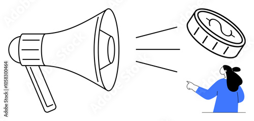 Megaphone amplifying sound towards a dollar coin next to a person pointing. Ideal for business, advertising, marketing, financial communication, and promotional campaigns. Simple design style