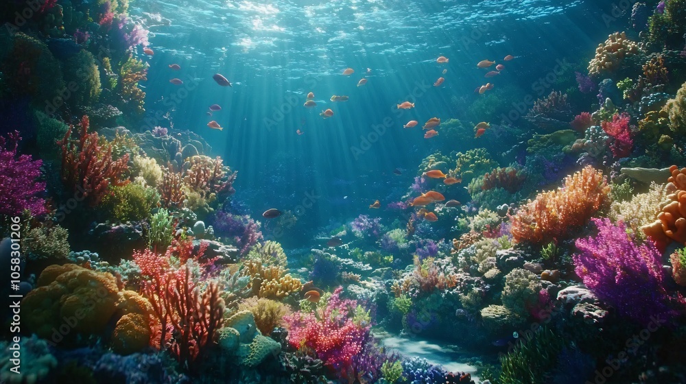 Fototapeta premium Vibrant Coral Reef with Sunbeams