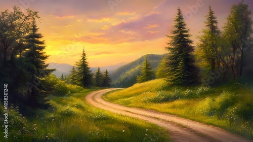 Winding Dirt Road Through a Forest at Sunset