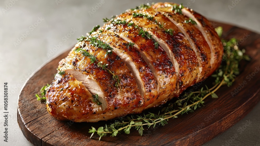 A beautifully roasted chicken breast, sliced and garnished with fresh thyme, resting on a wooden board. A beautifully roasted chicken breast, sliced and garnished with fresh thyme, resting on a wooden board.
