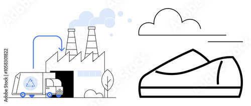 Recycling truck unloading materials at factory with smoke stacks releasing minimal emissions and simple shoe design illustration. Ideal for sustainability, eco-friendly production, recycling