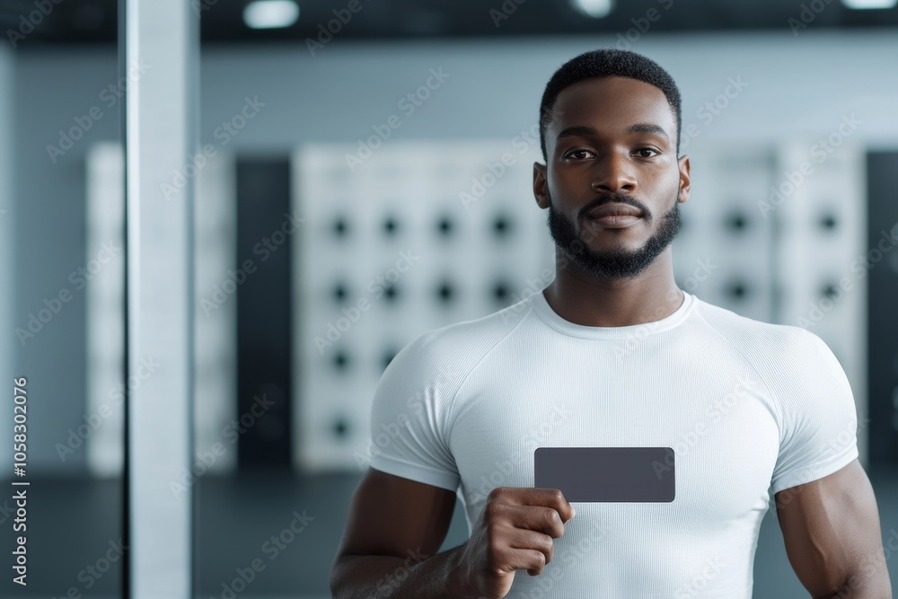 Fitness Motivation, Gym-goer proudly displays his membership card. Ready to achieve his goals Fitness Motivation, Gym-goer proudly displays his membership card. Ready to achieve his goals