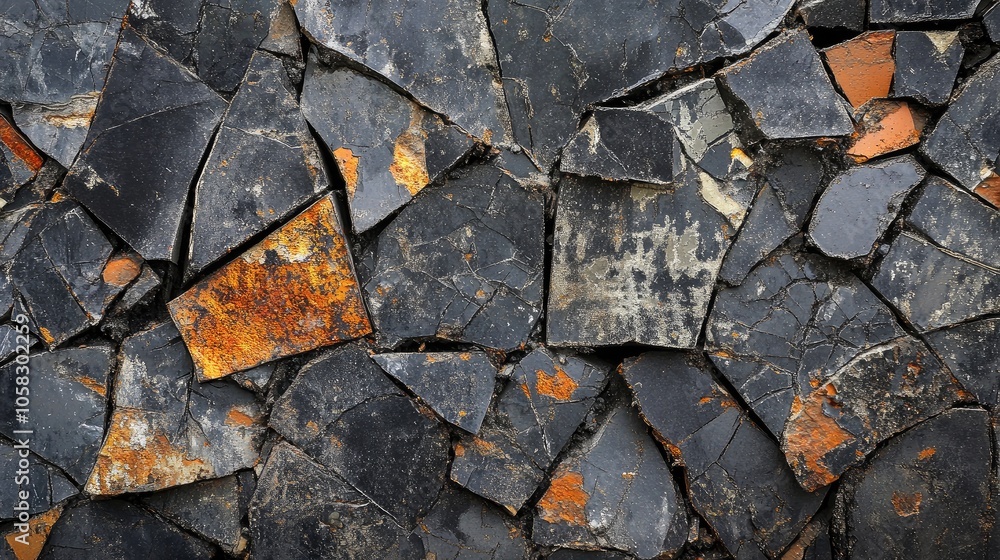 Close-up of shattered tile pieces in a construction line, showing rough textures and demolition impact Close-up of shattered tile pieces in a construction line, showing rough textures and demolition impact