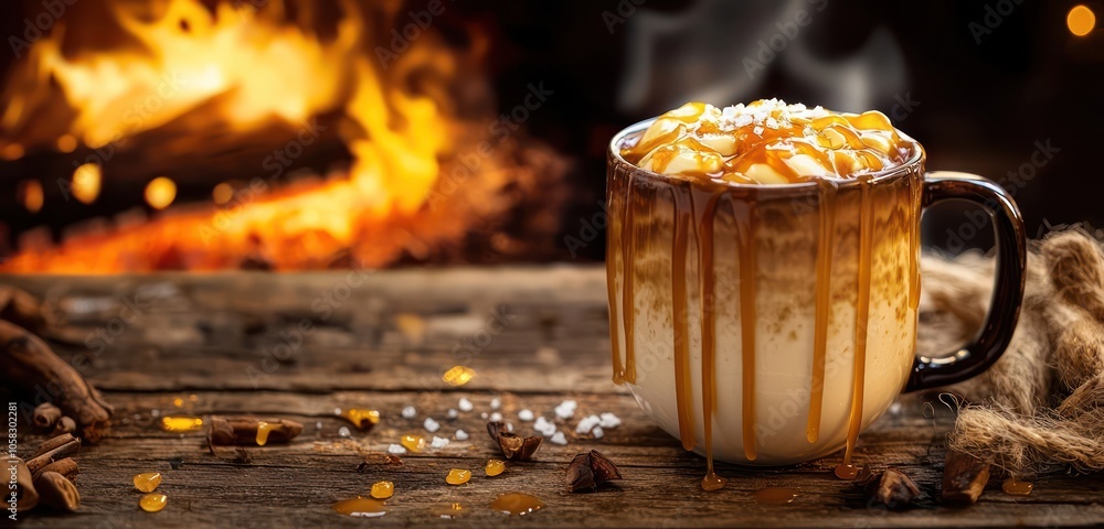 A cozy mug of caramel latte with a drizzle of caramel sauce and a sprinkle of sea salt, placed on a rustic wooden table with a backdrop of a crackling fire. A cozy mug of caramel latte with a drizzle of caramel sauce and a sprinkle of sea salt, placed on a rustic wooden table with a backdrop of a crackling fire.