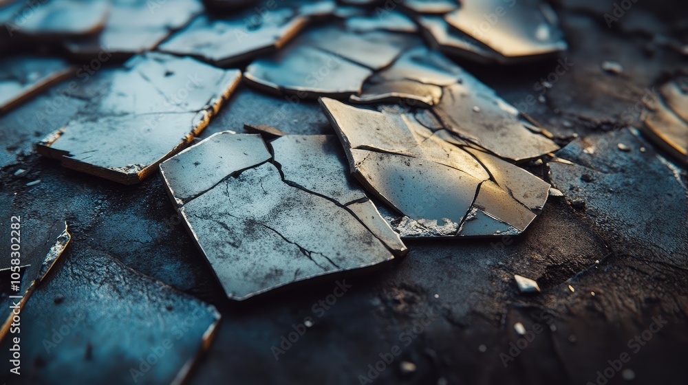 Close-up of shattered tile pieces in a construction line, showing rough textures and demolition impact Close-up of shattered tile pieces in a construction line, showing rough textures and demolition impact