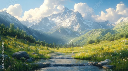 Serene mountain landscape with a flowing stream and vibrant greenery.