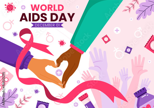 World AIDS Day Vector Illustration on 1 December featuring a Red Ribbon Symbol to Raise Awareness of the AIDS Epidemic in a Flat Style Background