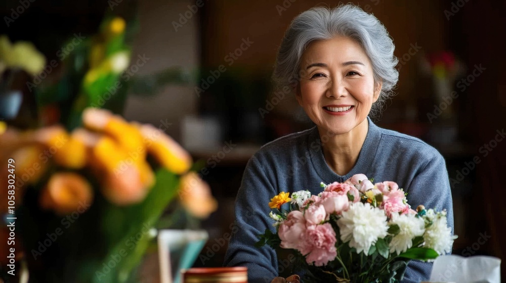 Fototapeta premium Senior Asian Woman Arranging Fresh Flowers at Home