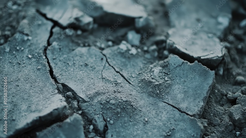 Detailed shot of shattered cement fragments lined up, capturing cracks, dust, and rough edges in construction Detailed shot of shattered cement fragments lined up, capturing cracks, dust, and rough edges in construction