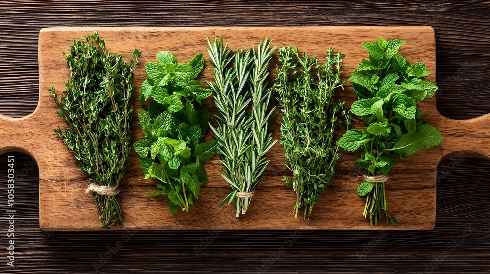 Freshly Picked Herbs on Wooden Board Freshly Picked Herbs on Wooden Board