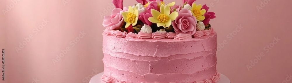 A beautifully decorated pink cake topped with flowers, perfect for celebrations. A beautifully decorated pink cake topped with flowers, perfect for celebrations.