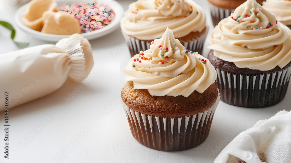 Vanilla Cupcakes with Decorative Frosting on Flat Lay Surface Vanilla Cupcakes with Decorative Frosting on Flat Lay Surface