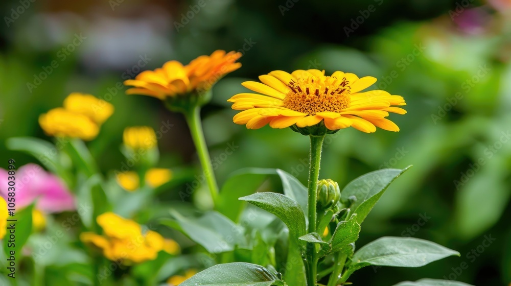Closeup of vibrant yellow flower in full bloom against green background Closeup of vibrant yellow flower in full bloom against green background