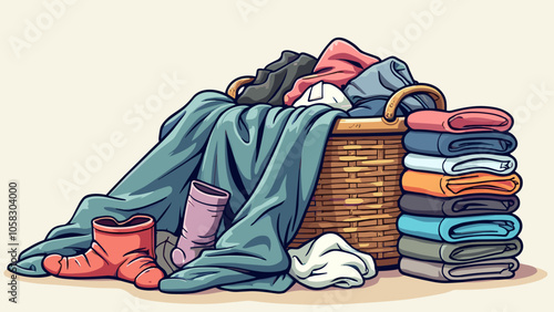 Dirty and clean clothes flat vector illustrations set. Laundry collection. Pile of washed clothing, apparel with stains in basket. Dirty jeans, t shirt and socks isolated design elements on white.