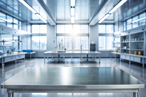 steel top with blurred empty science lab room background can be used for mocking up or display product to make advertising.