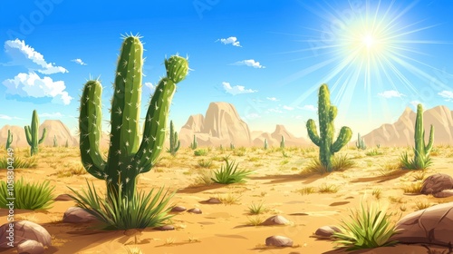 Cacti thriving in a dry desert landscape under bright,