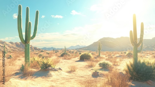 Cacti thriving in a dry desert landscape under bright,