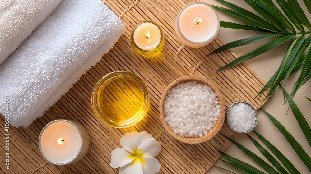 Luxurious Spa Salt Essentials Flat Lay Arrangement Luxurious Spa Salt Essentials Flat Lay Arrangement