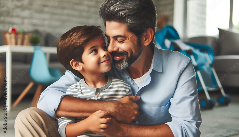 Obraz premium A happy couple hugs their two children at home, enjoying a loving moment filled with smiles and fun together as a family