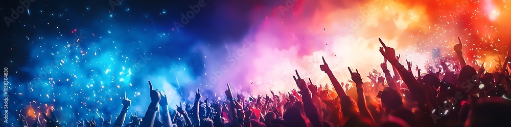 A vibrant crowd with raised hands, illuminated by colorful lights, creates an energetic atmosphere typical of concerts or festivals. A vibrant crowd with raised hands, illuminated by colorful lights, creates an energetic atmosphere typical of concerts or festivals.