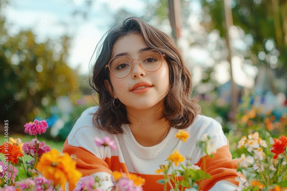Charming portrait of a latina teenager surrounded by vibrant flowers in a garden setting Charming portrait of a latina teenager surrounded by vibrant flowers in a garden setting