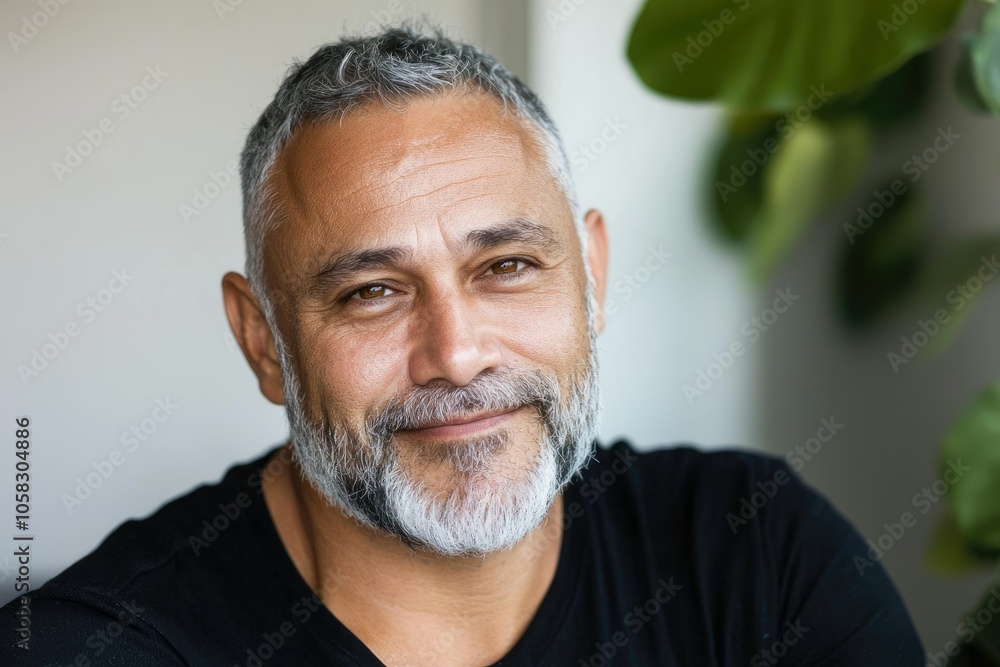 Smiling middle-aged mixed-race man with a beard in a bright setting Smiling middle-aged mixed-race man with a beard in a bright setting
