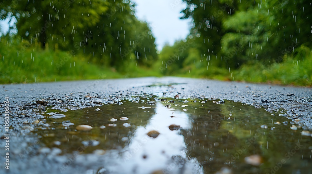 Fototapeta premium Rain falls on a deserted road, with puddles forming, surrounded by lush greenery, creating a serene and peaceful atmosphere.