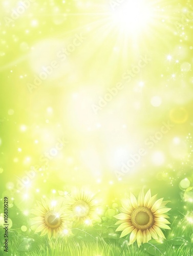 A bright, ethereal background featuring sunflowers and a glowing, radiant atmosphere.