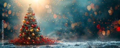Christmas Tree with Baubles and Blurred Shiny Lights on Snow Background at Night. Winter Abstract Landscape with Falling Snow