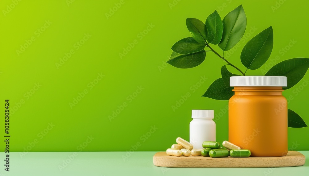 A collection of dietary supplements and herbal capsules displayed with green leaves against a bright green background. A collection of dietary supplements and herbal capsules displayed with green leaves against a bright green background.